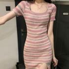 Short-sleeve Striped Mini Sheath Dress Striped - Pink - One Size
