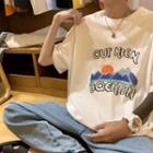 Round Neck Mountain Print Short Sleeve Oversized T-shirt
