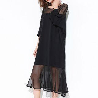 Mesh Panel 3/4-sleeve Dress