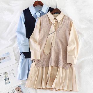 Set: Knit Vest + Long-sleeve Shirt Dress