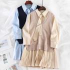 Set: Knit Vest + Long-sleeve Shirt Dress