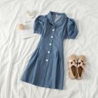 Puff-sleeve Pleated A-line Denim Dress