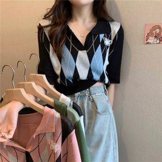 Collar Argyle Knit Crop Top