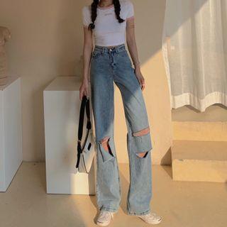Short-sleeve Letter Printed Contrast Trim Cropped T-shirt / Cutout High-waist Wide-leg Jeans
