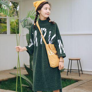 Lettering Mock Neck Long Sleeve Midi Knit Dress