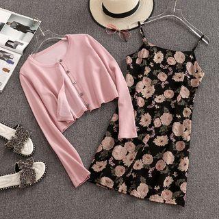 Set: Cardigan + Spaghetti Strap Floral Dress