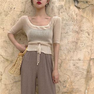 Short-sleeve Scoop Neck Knit Top Almond - One Size