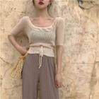 Short-sleeve Scoop Neck Knit Top Almond - One Size