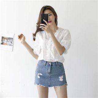 Puff-sleeve Crochet-lace Blouse