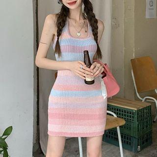 Halter Striped Mini Sheath Dress Stripes - Pink & Blue & Purple - One Size