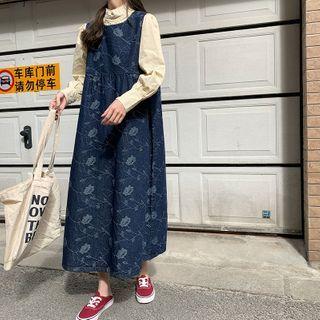 Rose Embroidered Pinafore Dress Dark Blue - One Size