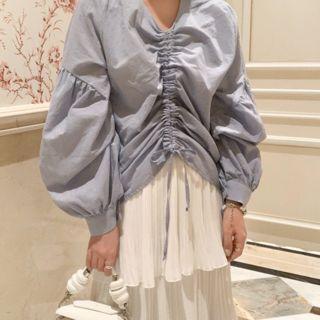 V-neck Puff-sleeve Shirred Top