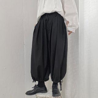 Plain Wide-leg Gathered Cuff Pants