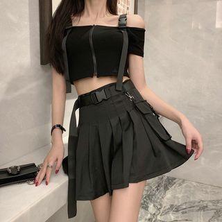 Short-sleeve Cold-shoulder Zipped Cropped T-shirt / Mini A-line Skirt / Set