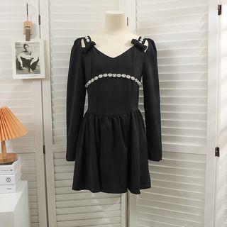Rhinestone Ribbon-accent Mini Dress Black - One Size