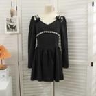 Rhinestone Ribbon-accent Mini Dress Black - One Size