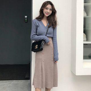 V-neck Cardigan / Double-breasted Midi Skirt