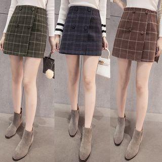 Double-breasted Check A-line Skirt