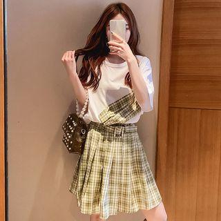 Set: Plaid Panel Elbow-sleeve T-shirt + Plaid A-line Skirt