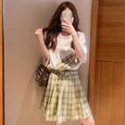 Set: Plaid Panel Elbow-sleeve T-shirt + Plaid A-line Skirt