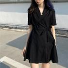 Short-sleeve Tie-front A-line Dress Black - One Size