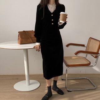 Long-sleeve Midi Velvet Dress / Lace Top