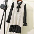 Set: Knit Vest + Plaid Long-sleeve A-line Dress