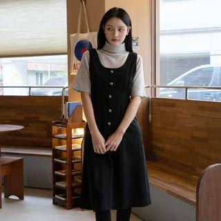 Pintuck Buttoned Corduroy Flared Pinafore Dress
