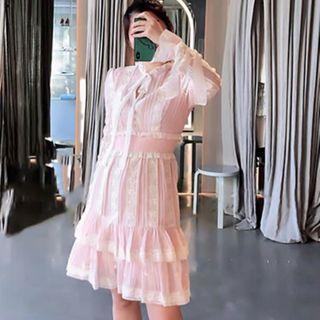 Lace Panel Long-sleeve Layered Mini A-line Dress