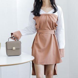 Patchwork Dip-back V-neck Shirtdress With Sash