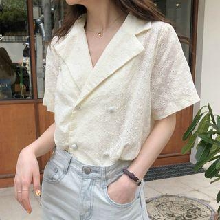 V-neck Plain Top Off-white - One Size