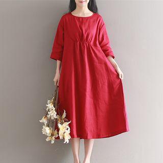 3/4-sleeve A-line Linen Midi Dress