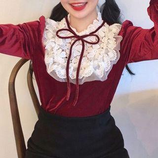 Lace Panel Blouse Wine Red - One Size