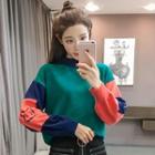 Long-sleeve Color Block Embroidered Pullover