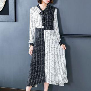 Long-sleeve Color Block Patterned Midi Chiffon Dress