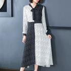 Long-sleeve Color Block Patterned Midi Chiffon Dress