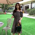 Short-sleeve Floral A-line Midi Dress Black - One Size