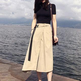 Set: Short-sleeve Plain Top + Midi A-line Skirt