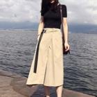 Set: Short-sleeve Plain Top + Midi A-line Skirt