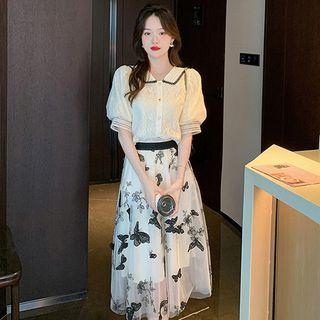 Set: Short-sleeve Lace Blouse + Butterfly Applique Midi A-line Skirt