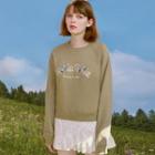 Raglan-sleeve Embroidered Cropped Pullover Khaki - One Size