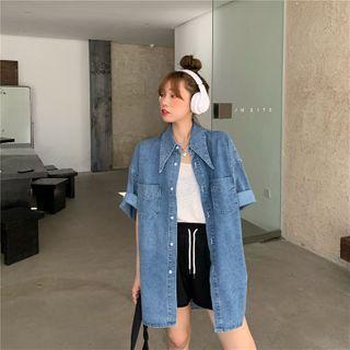Elbow-sleeve Denim Jacket Blue - One Size
