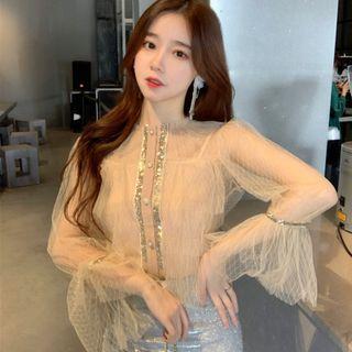Long-sleeve Sequined Mesh Blouse With Camisole Almond - One Size