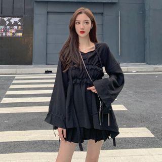 Plain Long-sleeve Loose-fit Blouse / Skirt