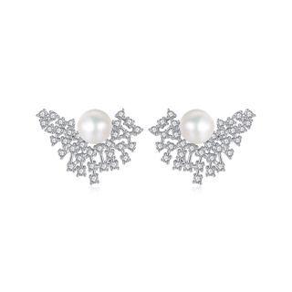 Sterling Silver Fashion Bright White Freshwater Pearl Earrings With Cubic Zirconia Silver - One Size