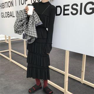 Long-sleeve Ruffle Dress Black - One Size