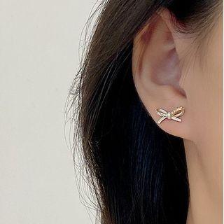 Bow Rhinestone Glaze Earring 1 Pair - Gold & White - One Size