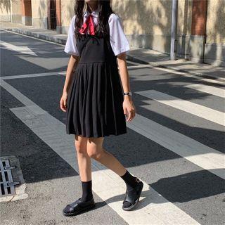 Tie-neck Elbow-sleeve Shirt / Mini A-line Pinafore Dress