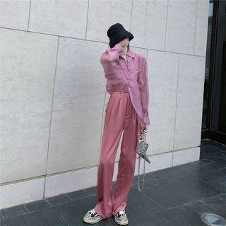 Long-sleeve Shirt With Sleeveless Top / Wide Leg Pants