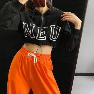 Half-zipper Drawstring-hem Hooded Crop Top